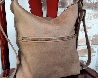 Convertible Backpack Shoulder hobo handbag in tan brown | Suede fabric durable every day wear