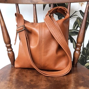 Tan Genuine Leather Handbag hobo style, crossbody or shoulder slouch bag image 3