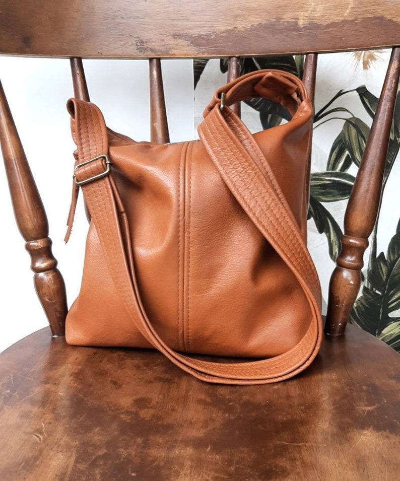 Tan Genuine Leather Handbag hobo style, crossbody or shoulder slouch bag image 3