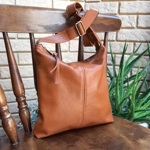 Tan Genuine Leather Handbag hobo style, crossbody or shoulder slouch bag image 7