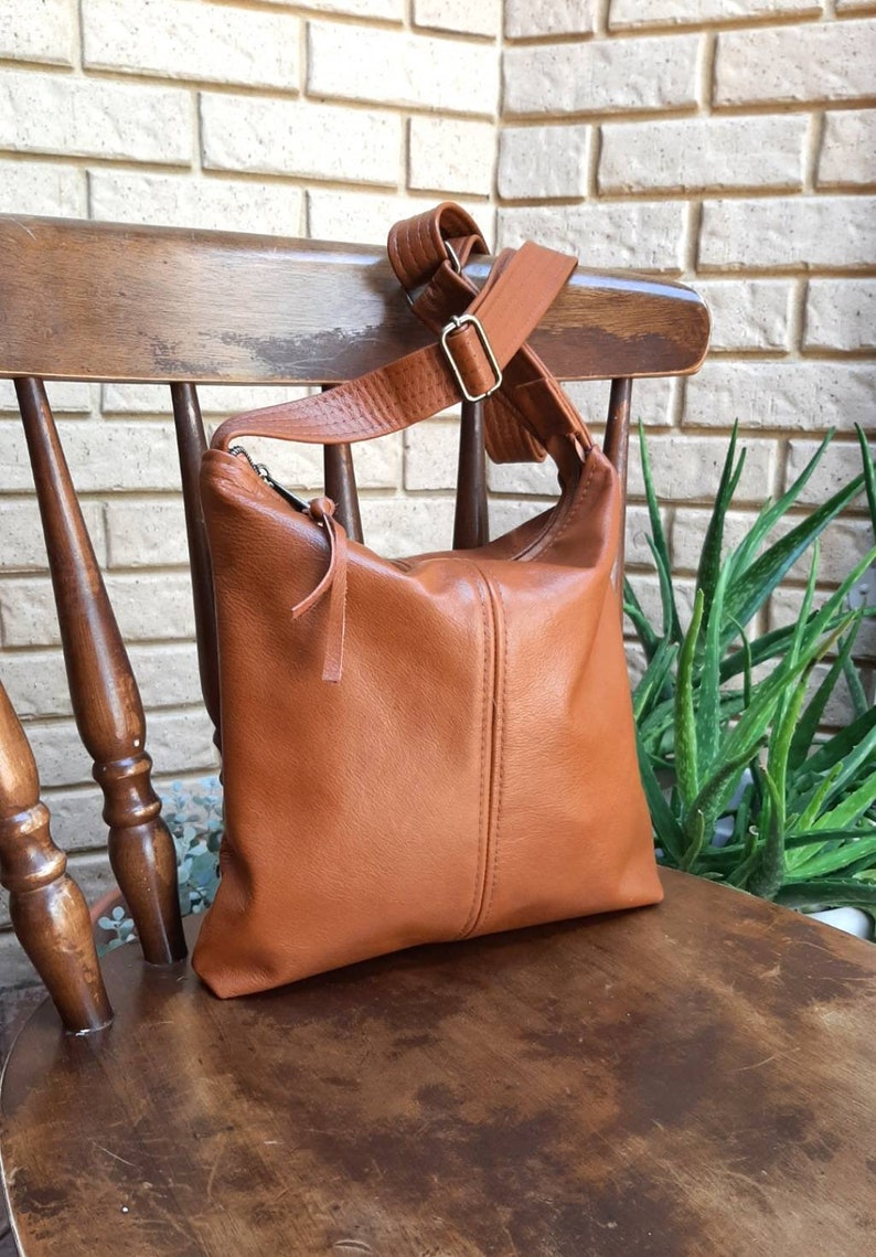 Tan Genuine Leather Handbag hobo style, crossbody or shoulder slouch bag image 7