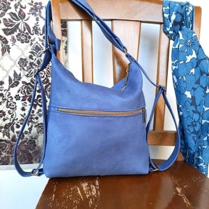 Convertible Backpack Shoulder hobo handbag in blue Suede fabric durable every day wear image 9