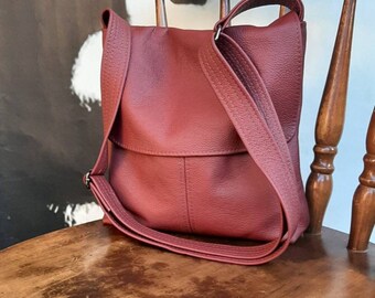 Burgundy Genuine 100% Leather handbag with flap | Bordeaux Rose | Messenger satchel, crossbody or shoulder bag purse manbag