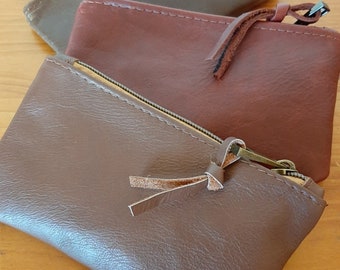 Genuine leather small coin card pouch with zipper closure. Leather bag, zipper pouch, leather handbag. Gift for her or him