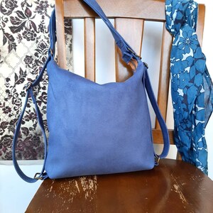 Convertible Backpack Shoulder hobo handbag in blue Suede fabric durable every day wear image 6