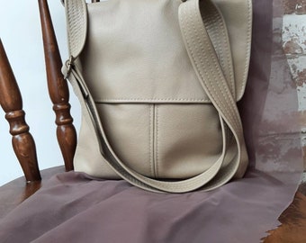 Beige Genuine Leather Handbag, 100% leather. Messenger satchel flap crossbody shoulder bag purse manbag