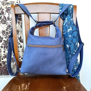 Convertible Backpack Shoulder hobo handbag in blue Suede fabric durable every day wear image 4
