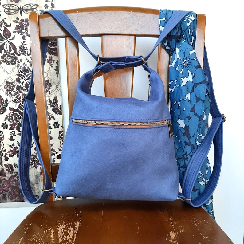 Convertible Backpack Shoulder hobo handbag in blue Suede fabric durable every day wear image 4