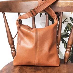 Tan Genuine Leather Handbag hobo style, crossbody or shoulder slouch bag image 4