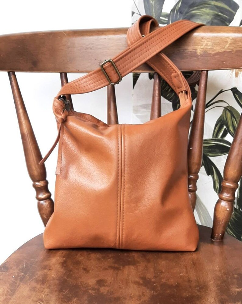 Tan Genuine Leather Handbag hobo style, crossbody or shoulder slouch bag image 4