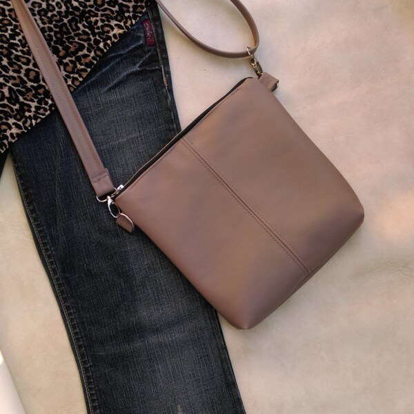 Mink Brown faux leather vinyl vegan cross body zip bag handbag