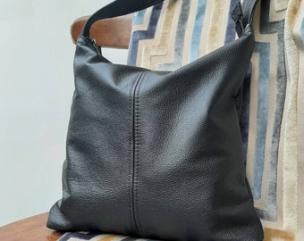 Black Genuine Leather Handbag, 100% Leather, hobo crossbody adjustable strap,   slouch bucket bag