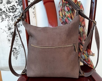 Convertible Backpack Shoulder hobo handbag in brown taupe | Suede fabric durable every day wear