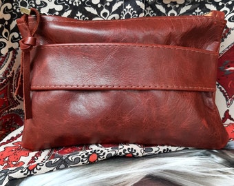 Genuine leather Dark Red Brown leather clutch with zipper closure and hand Strap Leather bag, zipper pouch, leather handbag. Gift for her