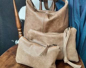 SALE BUNDLE Sesame Tan Genuine Leather hobo handbag plus wristlet clutch and small clutch.