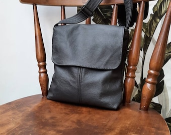 Black Genuine Leather Handbag, 100% Leather messenger satchel flap for shoulder or crossbody bag, small medium large sizes