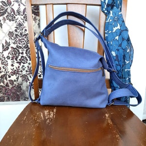 Convertible Backpack Shoulder hobo handbag in blue Suede fabric durable every day wear image 8