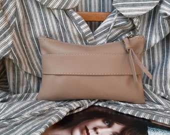 Genuine leather clutch in Latte light brown with zipper closure and hand Strap zipper pouch, leather handbag. Gift idea