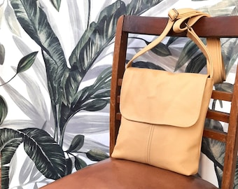 Butter Yellow Genuine Leather handbag, messenger satchel flap cross body crossbody shoulder bag purse manbag.