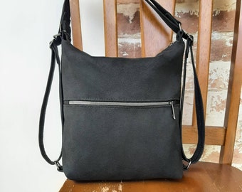 Convertible Backpack Shoulder hobo handbag in Black | Suede fabric durable every day wear