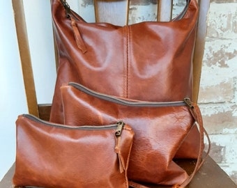 SALE BUNDLE Cognac Genuine Leather hobo handbag plus wristlet clutch and small clutch.