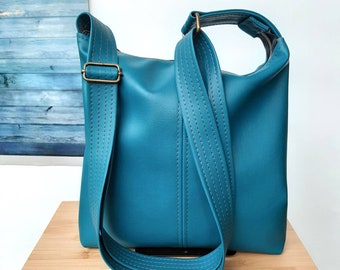 Dark Teal PU Leather hobo handbag with adjustable shoulder to crossbody strap. Slouch bag purse
