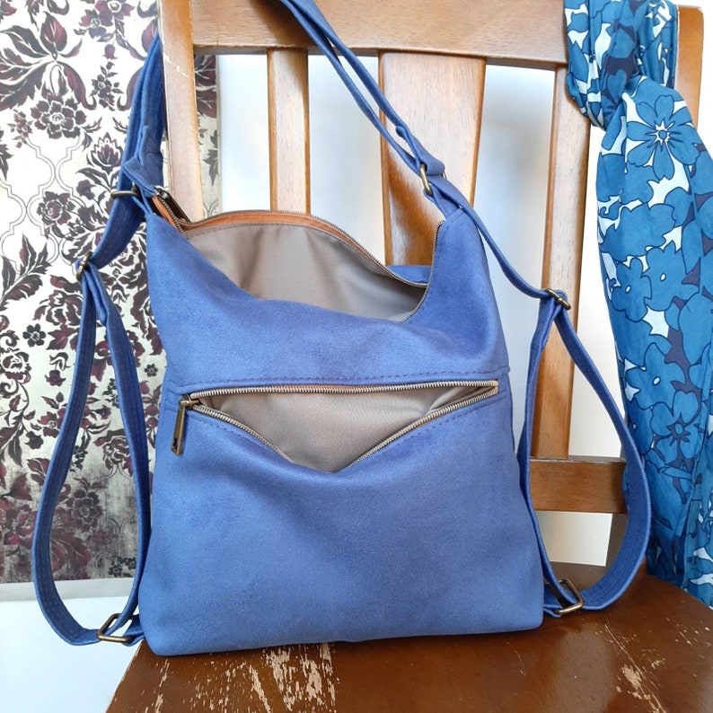 Convertible Backpack Shoulder hobo handbag in blue Suede fabric durable every day wear image 3