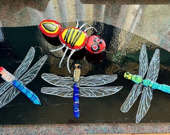 Fused glass garden art: mushrooms, ant, ladybug, dragonflies