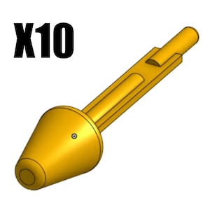 May include: A golden-yellow, conical-shaped object with a cylindrical handle and the text "X10" in black. The object has a small circular detail near the cone's base. The design appears to be a component or part, possibly for a larger assembly.