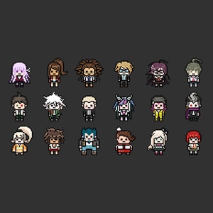 Pode incluir: Uma coleção de 20 personagens de pixel art, cada um com um design e esquema de cores único. Os personagens estão dispostos em um padrão de grade, com cada personagem em pé em um fundo cinza.