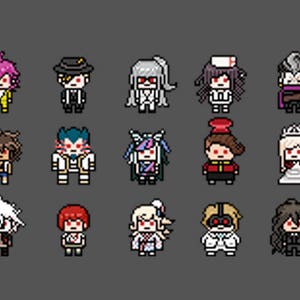 May include: A set of 15 pixel art characters, each with a unique design and color scheme. The characters are all in a standing position and have a variety of expressions.