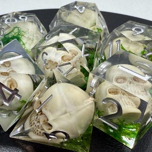 May include: Set of seven clear resin dice, each with a skull and silver numbering. The dice are filled with green moss, creating a unique and gothic aesthetic. Perfect for tabletop gaming or as a unique gift.