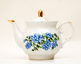 vintage teapot soviet china blue floral kettle retro kitchen tea russian design soviet vintage 1970s old porcelain white ceramic pot