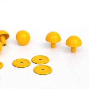 Peut inclure: Ensemble de boutons de meubles jaunes en forme de champignon et de rondelles circulaires jaunes assorties. Certains boutons ont un clou attaché. Les boutons et les rondelles sont sur fond blanc.