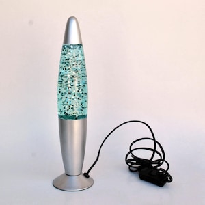 Vintage Glitter Lava Lamp: Retro Blue Cyan Silver Mood Light
