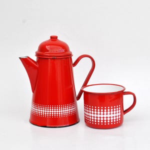 tea pot can jug enamel rustic metal teapot rustic vintage enamel pitcher farmhouse decoration red tea pot teapot French Vintage enamel pot