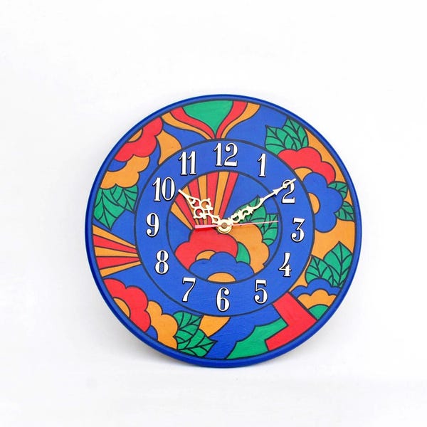 Bunte Vintage Wanduhr Boho Folk Art Mandala Uhr, 70er Jahre Stil Psychedelisches Dekor, Hell Maximalist Wandkunst, Eklektisches Wohndekor