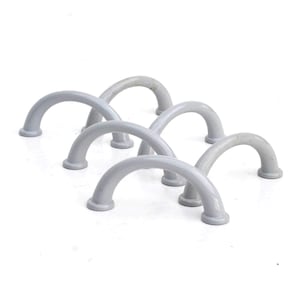 May include: Six light gray, arched metal handles arranged in two rows of three. Each handle has a rounded base and a curved top, creating a semi-circular shape. The handles are evenly spaced against a white background.