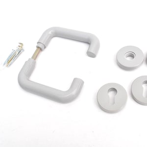 May include: A set of light gray door handles with matching keyhole covers and mounting hardware. The handles have a simple, modern design, and the keyhole covers are round. The hardware includes screws for installation.