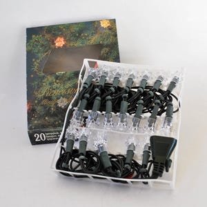Op de afbeelding: Een set van 20 doorzichtige mini-kerstverlichting met donkergroene draad, gerangschikt in een witte plastic tray. De verpakking heeft een donkergroen dennentakontwerp met de tekst "Pioneer" en "Minilights" zichtbaar op de voorzijde.