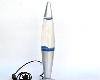 Vintage Silver Lava Lamp Blue Wax Retro Space Age Mood Light