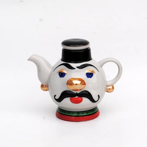 Vintage Cossack teapot gift teapot white black carved face shaped ceramic collectors teapot east single person teapot silhouette teapot