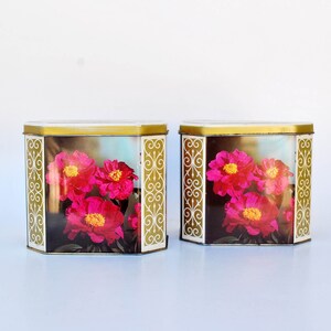 Vintage Floral Tea Caddy Set: Gold Metallic Tins, Made in England
