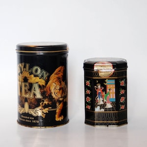 metal tea tin storage vintage tea box metallic canisters round ceylon tea asian print kitchen storage tin tea lover gift set of two tins