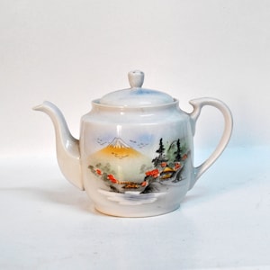 japanese teapot oriental tea pot asian theme teapot white Mount Fuji medium sized pot vintage teapot porcelain teapot handpainted