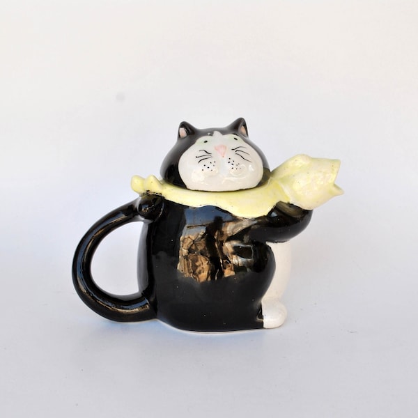 Vintage black cat with fish teapot gift teapot carved kitty shaped ceramic collectors teapot teapot small teapot silhouette white teapot