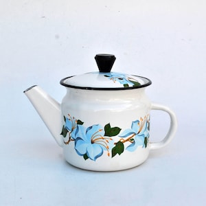 May include: White enamel teapot with a black lid and a floral design featuring blue flowers and green leaves.