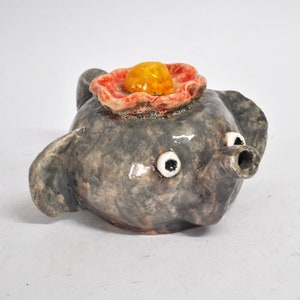 Vintage elephant shaped teapot gift teapot carved ceramic collectors teapot gray teapot medium teapot silhouette animal kitsch deco teapot