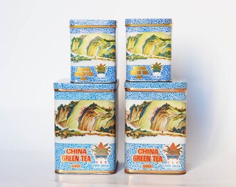 Vintage Asian Tea Tin Set: Blue Metallic Kitchen Storage
