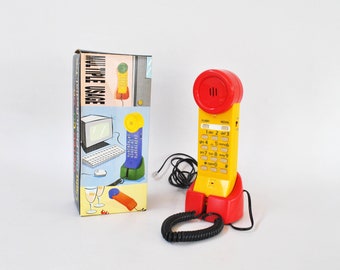 Memphis 90s 80s Yellow Red push button Vintage Phone Desk Organizer Mod office essentials italian design plastic made